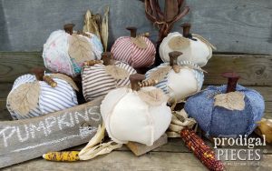 Add whimsy to your fall decor with these a repurposed pumpkin made by Prodigal Pieces. Feed sack, ticking, old quits are just some of the fun textures available. Get yours at prodigalpieces.com