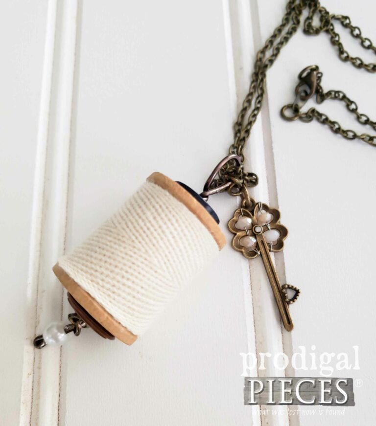Vintage Wooden Spool Necklace with Pearlescent Key Charm | Available at Prodigal Pieces | shop.prodigalpieces.com #prodigalpieces #handmade #jewelry #fashion #style #women #gift