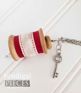 Vintage Wooden Spool Necklace with Red Ribbon and Key Charm | shop.prodigalpieces.com