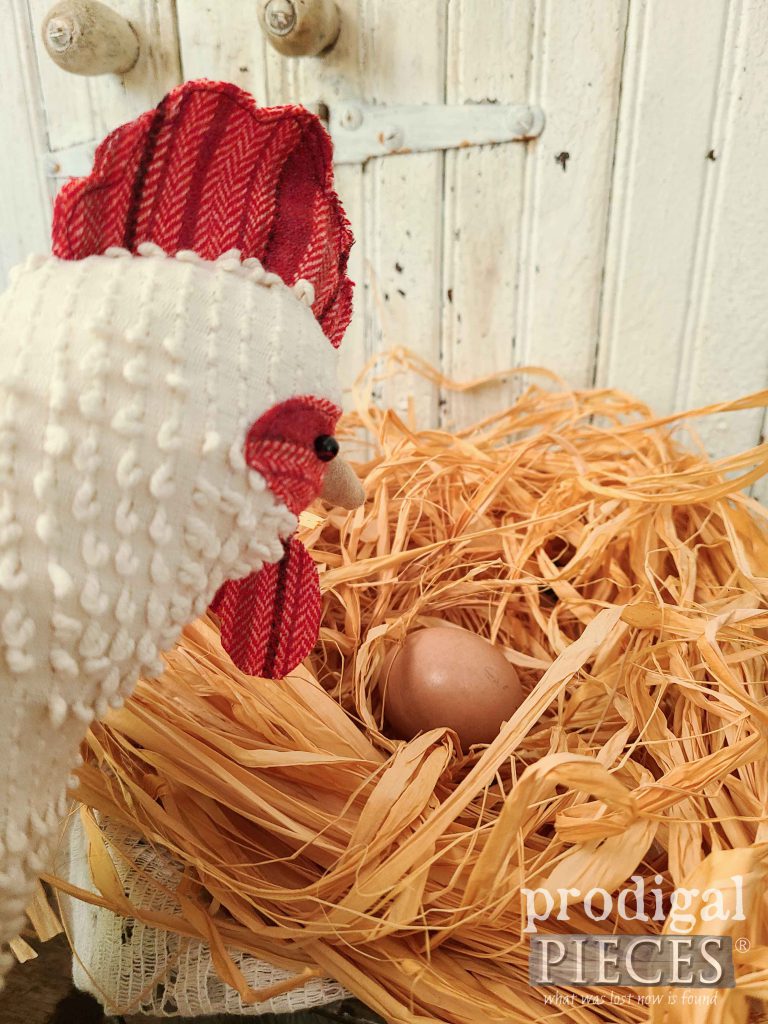 Textile Chicken Sculpture Looking at Egg by Prodigal Pieces | shop.prodigalpieces.com