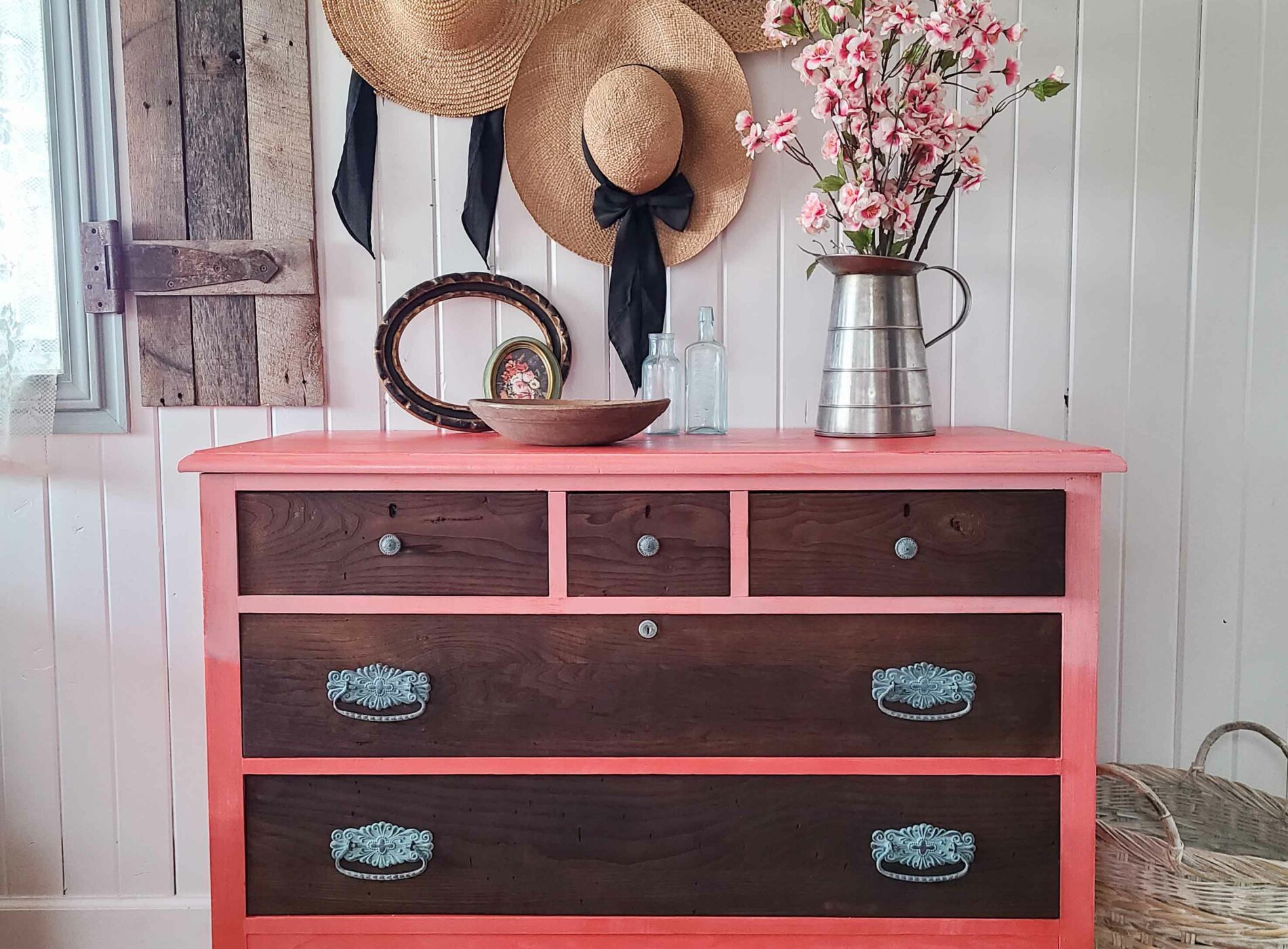 Boho Style Antique Dresser in Ombre Coral Pink available at Prodigal Pieces | shop.prodigalpieces.com #prodigalpieces #furniture