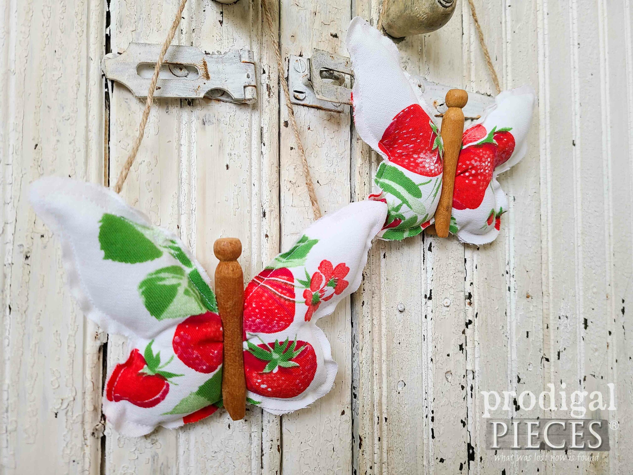 Closeup of Strawberry Tablecloth Butterflies | shop.prodigalpieces.com #prodigalpieces