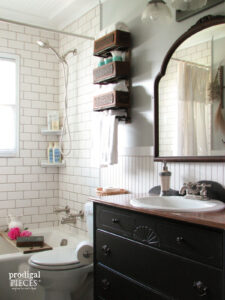 Farmhouse Bathroom with Antique Sewing Machine Drawer Rack | shop.prodigalpieces.com #prodigalpieces