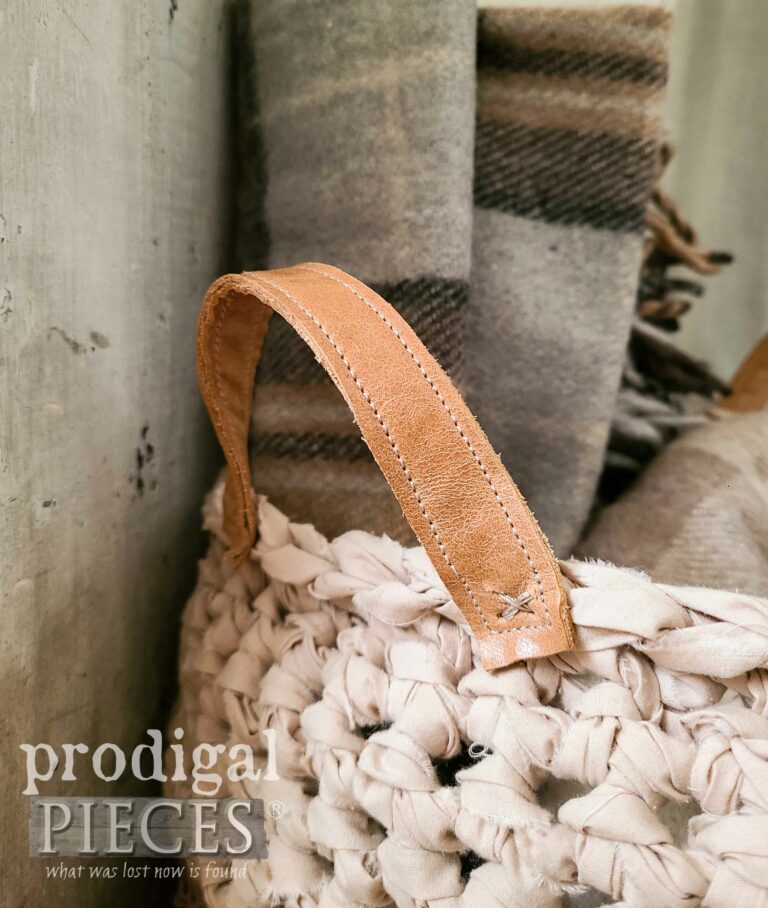 Leather Handles on Crochet Basket | shop.prodigalpieces.com #prodigalpieces