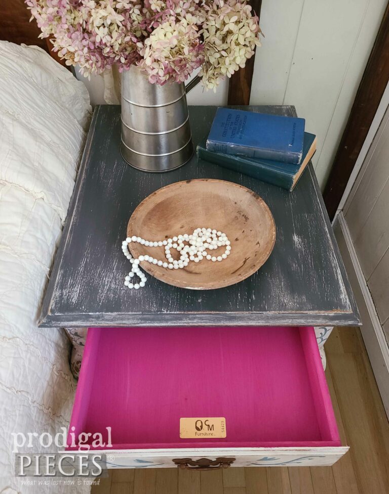 Open Pink Drawer on Vintage Queen Anne Table | shop.prodigalpieces.com #prodigalpieces