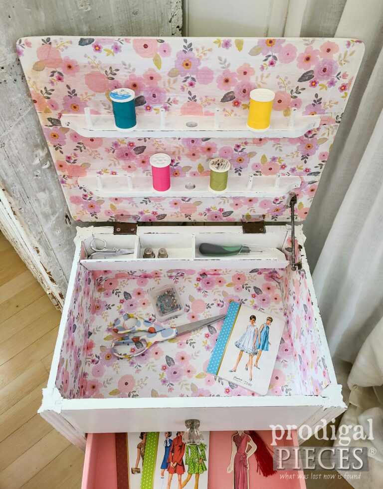 DIY Decoupaged Sewing Table Interior | shop.prodigalpieces.com #prodigalpieces