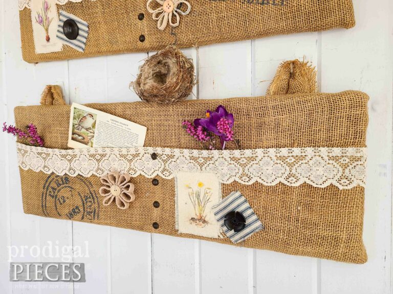 French chic Lace Burlap Decor Wall Pockets with Daffodils | shop.prodigalpieces.com #prodigalpieces