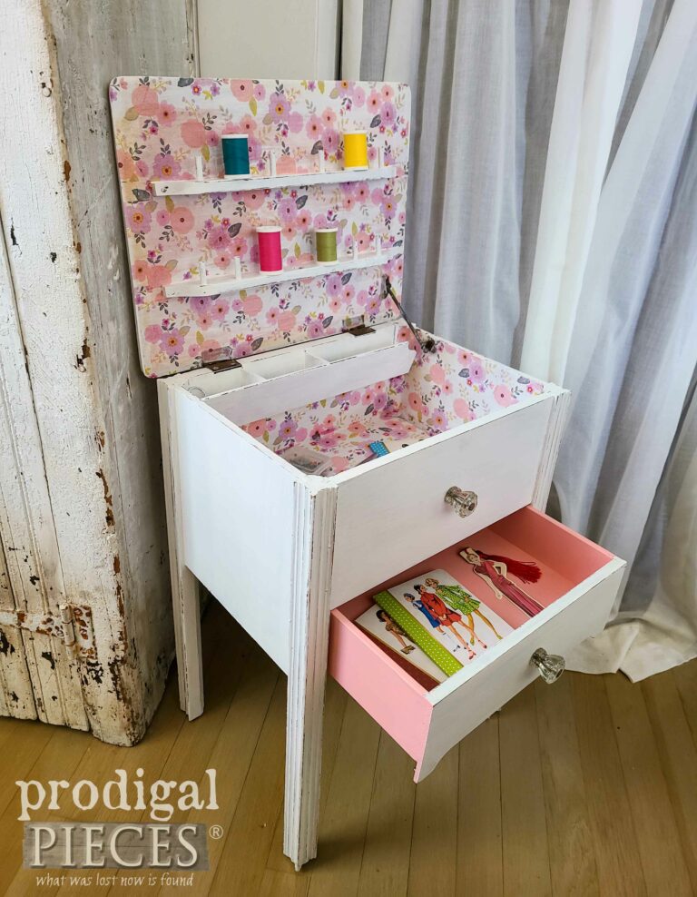 Shabby Chic Vintage Sewing Table with Pink Interior by Prodigal Pieces | shop.prodigalpieces.com #prodigalpieces