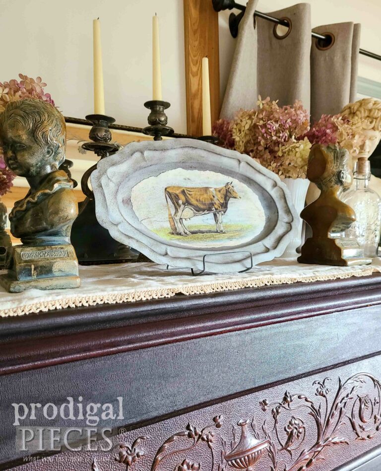 Antique Piano with Farmhouse Cow Platter | shop.prodigalpieces.com #prodigalpieces